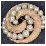 Trifari Gold Tone Faux Pearl Brooch