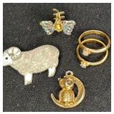 Pewter Ram Brooch, (2) Gold Tone Rings, Butterfly