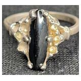 18K HGE, Hematite & Rhinestone Ring, Sz 7 1/2