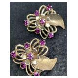 Purple Rhinestone Floral Screw Back Earrings