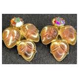 West Germany Lavendar Stone Leaf Clip On Earrings