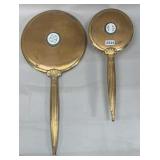 Gold Tone Vanity Hand Mirror & Brush Set