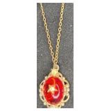 Red Cabochon & Rhinestone Pendant on 24' Chain
