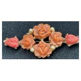 Carved Bakelite Coral Rose Brooch