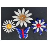 (3) Painted Enamel Floral & Butterfly Brooches