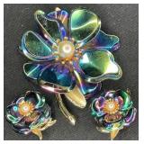 Iridescent Blue & Green Flower w/Faux Pearl Brooch