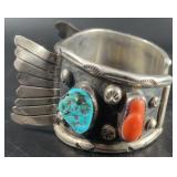 Navajo Sterling, Turqouise & Coral Cuff