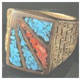 Navajo Turquoise & Coral Chip Ring, Sz 8
