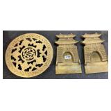 Brass Pagoda Gate Bookends & Brass Trivet