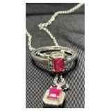 925 Genuine Ruby & Diamond 19' Necklace & Ring