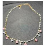 Brass Tone Light Blue & Pink Rhinestone Necklace