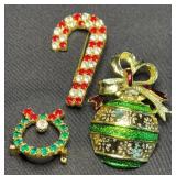 (3) Gold Tone Christmas Wreath, Bell & Ornament