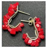 Chunky Raw Red Coral Silver Tone Earrings