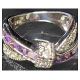 925 Crossover Ring w/Purple & Clear CZ Stones