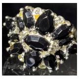 Silver Tone Cocktail Ring w/Black Pear-Shaped