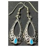 Silver Tone Scroll & Turquoise Chip Earrings