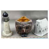 Ceramic Church, Decanter Lighthouse & Owl Planter