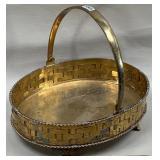 Footed Etched Oval Brass Basket w/Handle, India