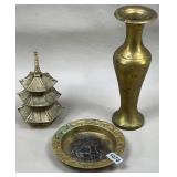 Brass Ashtray, Vase & Pagoda Incense Burner