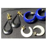 (3)pr Enameled Earrings; Black, White & Blue