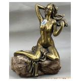 Bronze Look Nude Lady Sculpture on Rock
