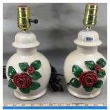 Pair Ceramic Red Rose 10.5' Table Lamps