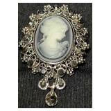 Cameo w/Black Rhinestones & Silver Tone Filigree