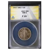 1917 Ty 1 25C ANACS F15 Standing Liberty Quarter