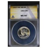 1963 25C ANACS MS66 Washington Gem BU