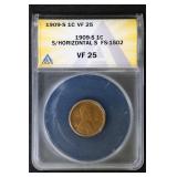 1909 S 1C Horizontal S ANACS Lincoln Cent VF25