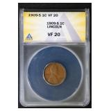 1909 S 1C ANACS VF20 Lincoln Cent KEY DATE