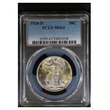 1936 D 50C PCGS  MS63 Walking Liberty Half Ch BU