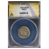 1913 D 5C Ty2 ANACS G6 Buffalo Nickel solid coin