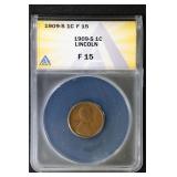 1909 S 1C ANACS F15 Lincoln Cent KEY DATE