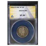 1915 S 25C ANACS VF20 Barber Quarter Sharp!