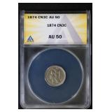1874 3C ANACS AU50 3 Cent CN Beautiful