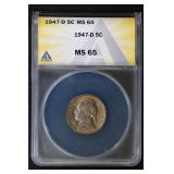 1947 D 5C ANACS MS65 Jefferson Nickel TONER Gem