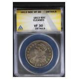 1813 50C ANACS VF 30 Capped Bust Half Details
