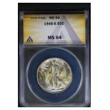 1946 S 50C ANACS Walking Liberty Half MS64 Ch BU