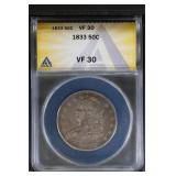 1833 50C ANACS VF30 Capped Bust Half, Nice