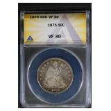 1875 50C ANACS VF30 Seated Liberty Half nice one