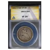 1862 S 50C ANACS VF25 Seated Liberty Half, nice!