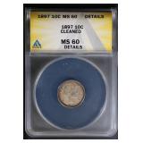 1897 10C ANACS MS60 Barber Dime Details sharp coin