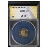 1902 S 10C ANACS VF30 Barber Dime Solid coin