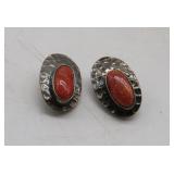 Vtg. Sterling Silver w/Coral Clip-On Earrings