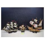 Three Intricate Wood & Fabric Sailing Ships