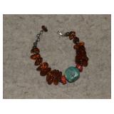 Amber, Coral & Turquoise Bracelet w/Sterling Clasp