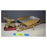Vintage Brass Wheel Barrow & Brass Bird On Stand