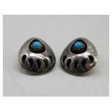 Sterling Turquoise Vtg. Bear Paw Clip-On Earrings