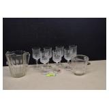 Two Vintage Glass Pitchers & Seven Crystal Wine